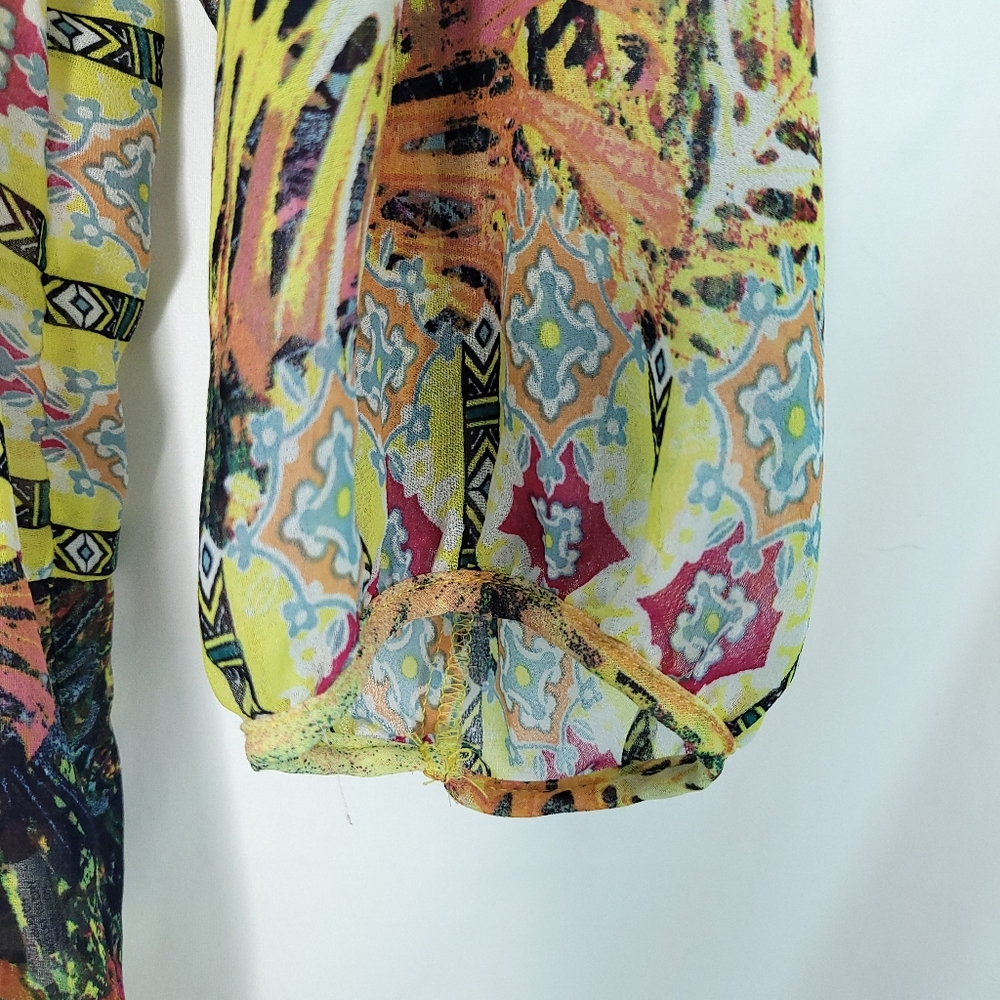 FIG & FLOWER Women's Boho Print Semi Sheer Blouse PETITE LARGE - Picture 10 of 14